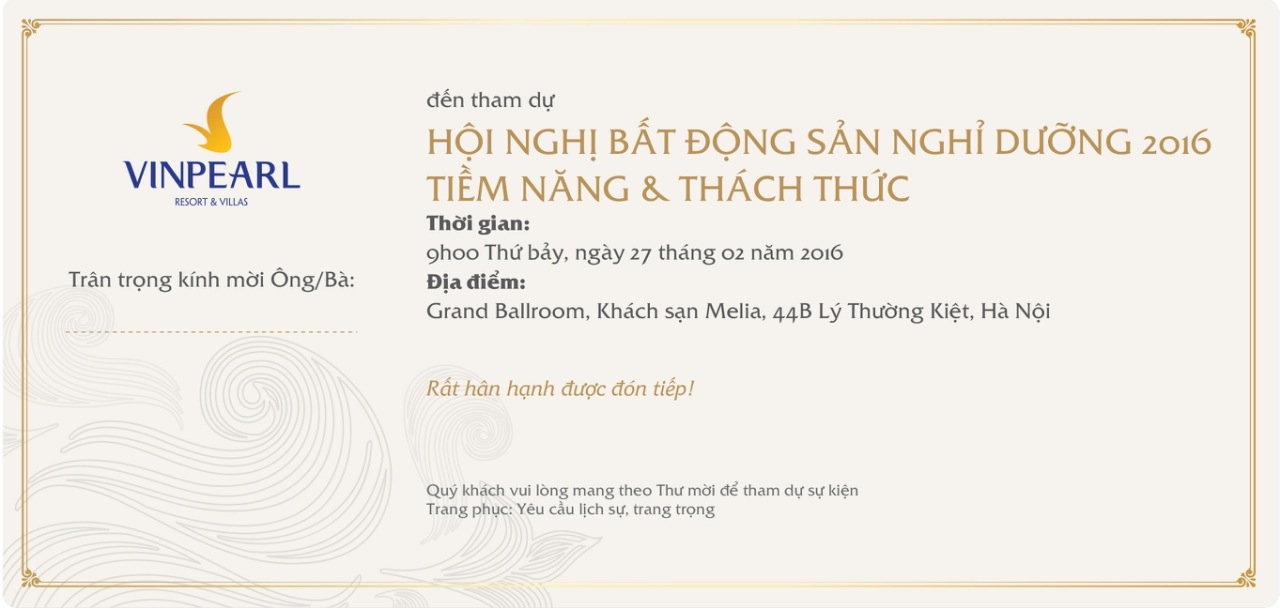 Thư mời: Hội nghị bất động sản nghỉ dưỡng 2016  FBNC & VINHOMES