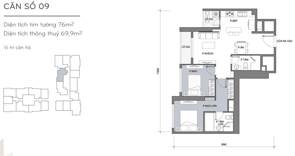 Landmark Plus căn hộ 09, 2 phòng ngủ, diện tích 76m2 