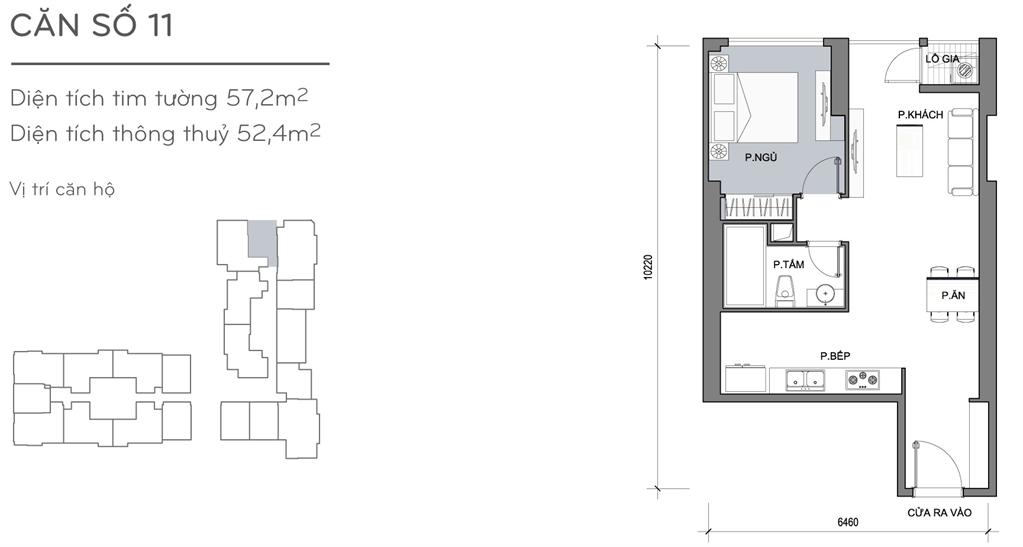 Landmark Plus căn hộ 11, 1 phòng ngủ, diện tích 57.2m2