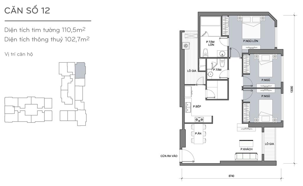 Landmark Plus căn hộ 12, 3 phòng ngủ, diện tích 110.5m2