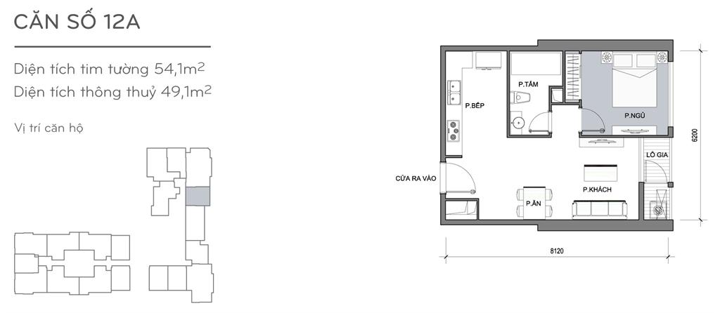 Landmark Plus căn hộ 12A, 1 phòng ngủ, diện tích 54.1m2