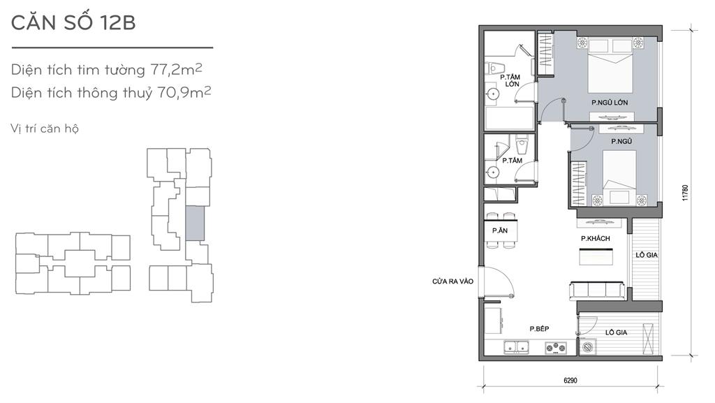 Landmark Plus căn hộ 12B, 2 phòng ngủ, diện tích 77.2m2 