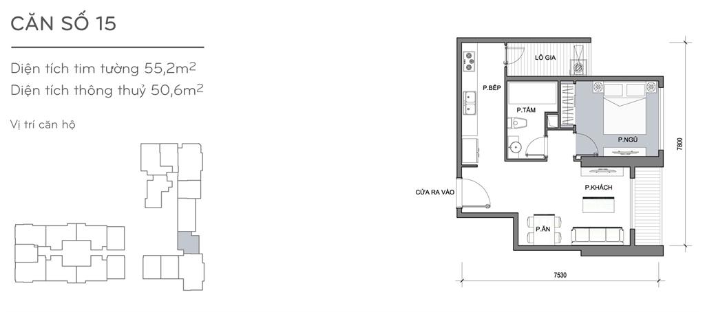 Landmark Plus căn hộ 15, 1 phòng ngủ, diện tích 55.2m2