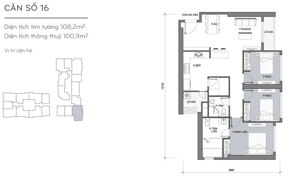 Landmark Plus căn hộ 16, 3 phòng ngủ, diện tích 108.2m2