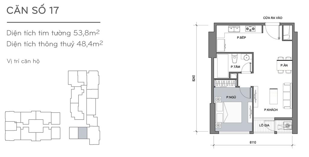 Landmark Plus căn hộ 17, 1 phòng ngủ, diện tích 53.8m2