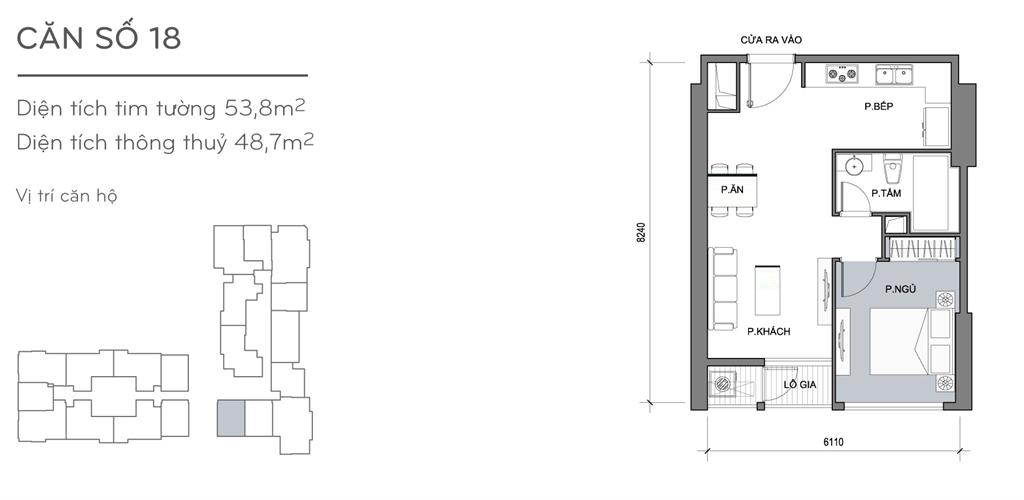 Landmark Plus căn hộ 18, 1 phòng ngủ, diện tích 53.8m2 