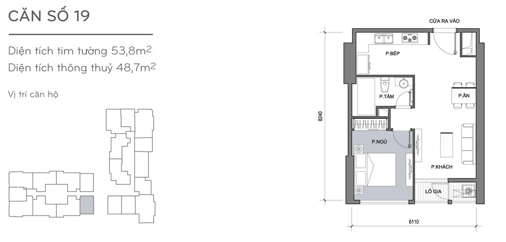 Landmark Plus căn hộ 19, 1 phòng ngủ, diện tích 53.8m2 