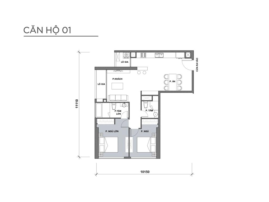 Căn 01 tòa Park 4, diện tích 87.2m2, 2 phòng ngủ