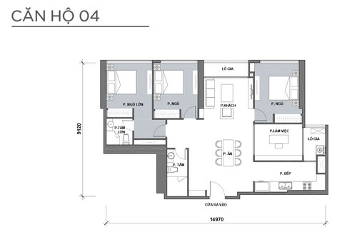 Căn 04 tòa Park 4, diện tích 117.4m2, thiết kế 3 phòng ngủ, 1 phòng làm việc