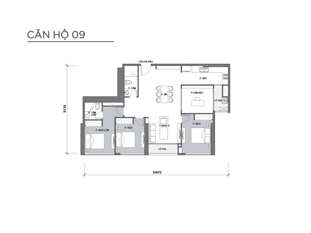 Căn 09 tòa Park 4, diện tích 118.2m2, thiết kế 3 phòng ngủ, 1 phòng làm việc