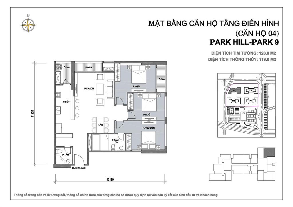 Căn hộ 04 diện tích 126.8m2, 3 phòng ngủ tòa Park 9