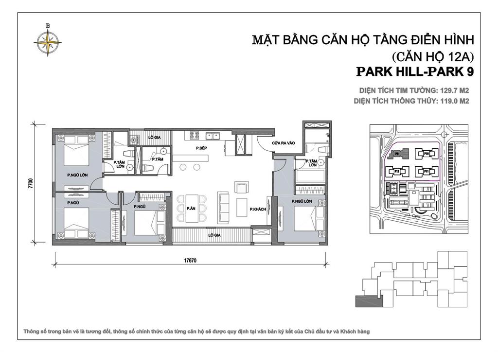 Căn hộ 12A diện tích 129.7m2, 4 phòng ngủ tòa Park 9