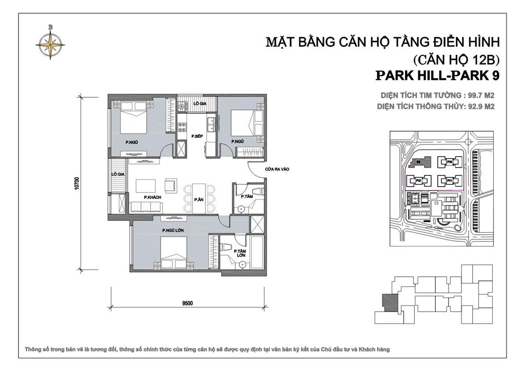 Căn hộ 12B diện tích 99.7m2, 3 phòng ngủ tòa Park 9