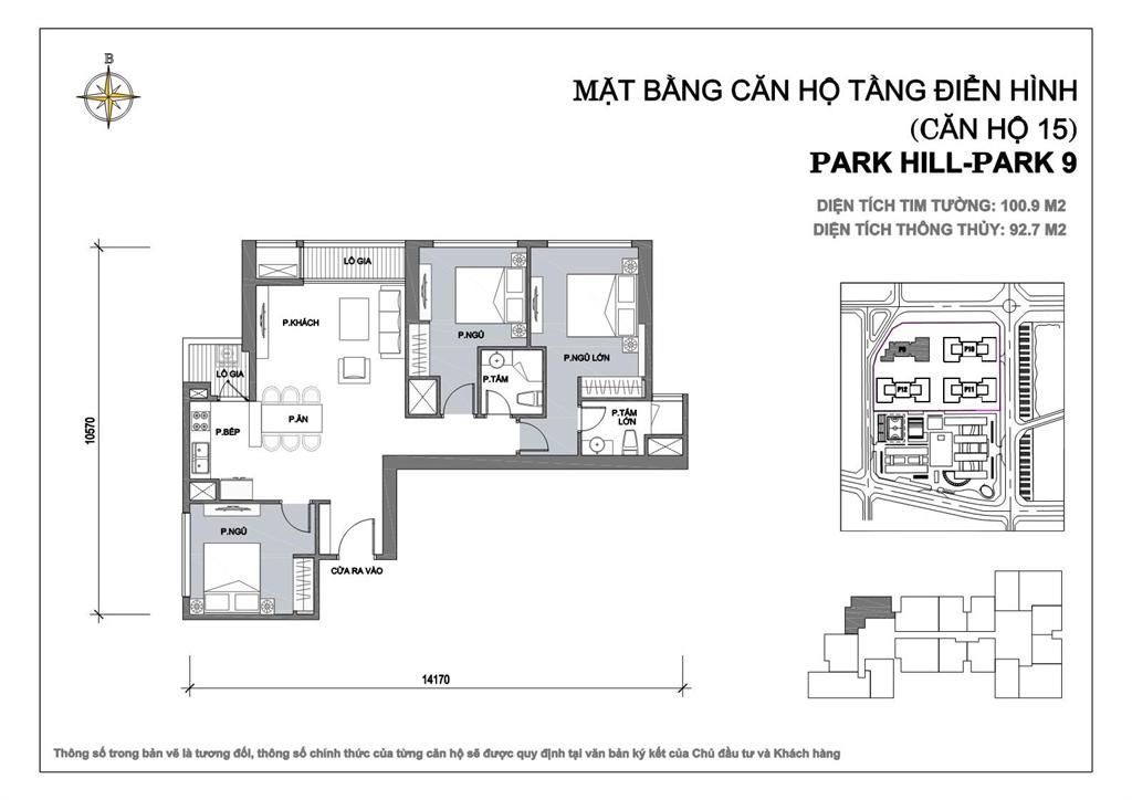 Căn hộ 15 diện tích 100.9m2, 3 phòng ngủ tòa Park 9